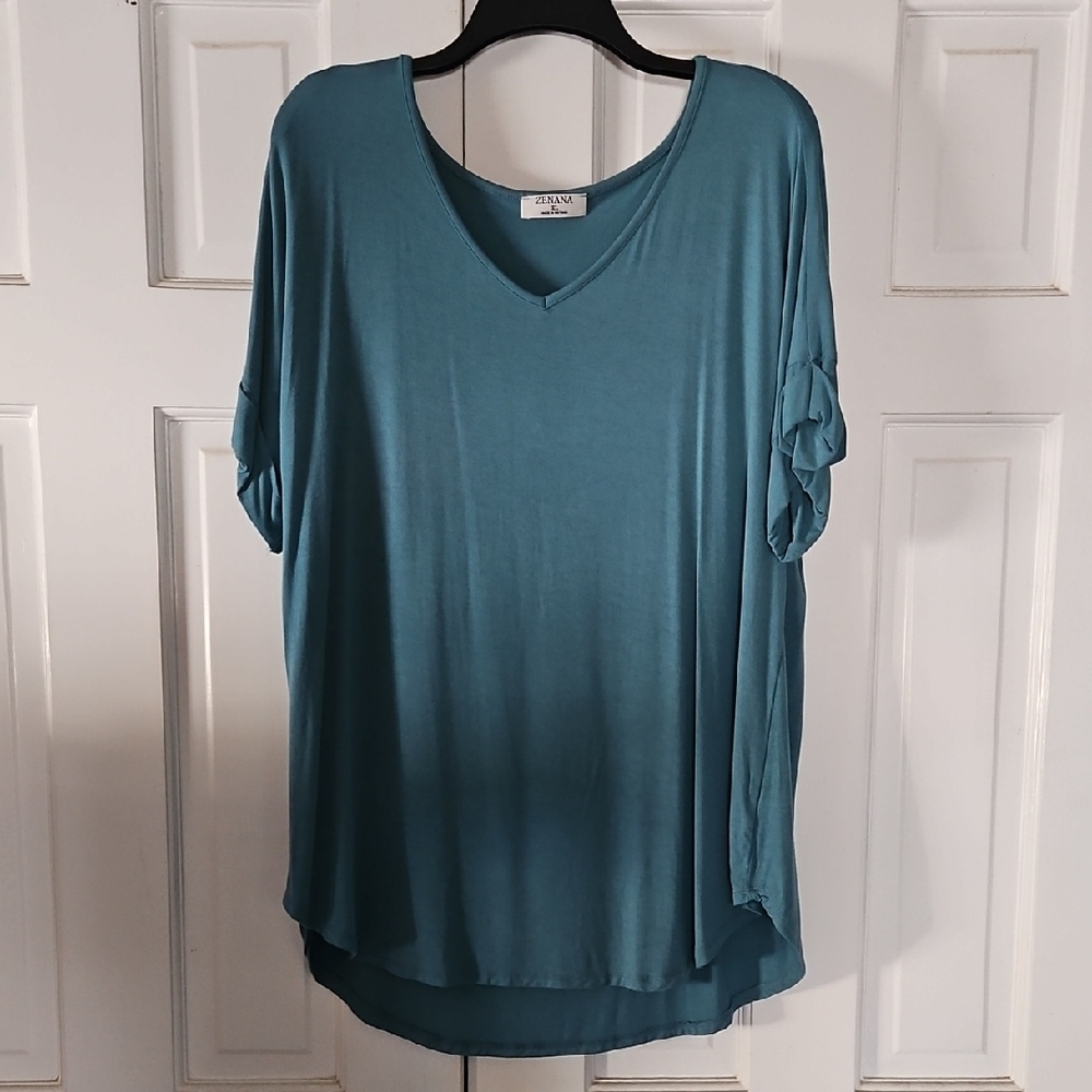 Zienna Teal V-Neck Short Sleeve Tunic
